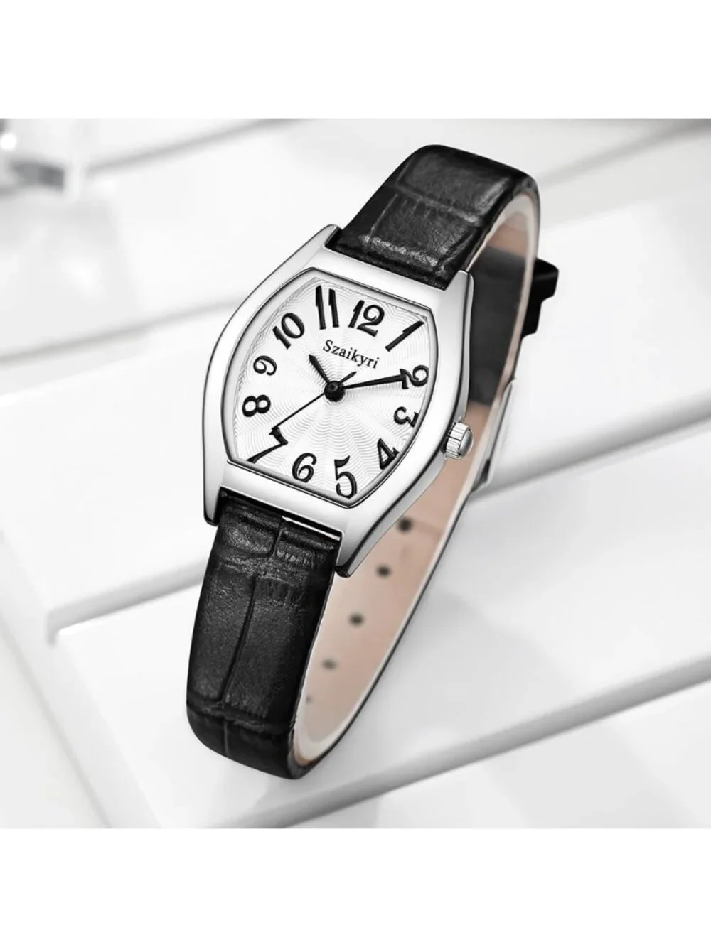 Women's Black-Silver Barrel-Shaped Easy Read Arabic Numerals Dress Wrist Watch